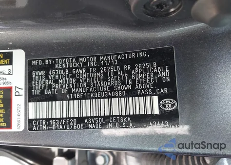 2014 Toyota Camry L/Le/Xle/Se/Se Sport from USA, damaged, VIN 4T1BF1FK9EU340880